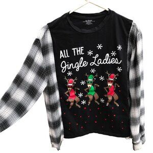 Flannel Tee Upcycle, Christmas Shirt: Size S-M, Holiday Graphics, Jingle Ladies
